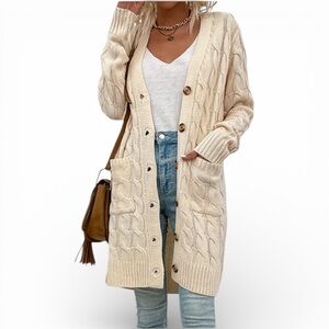 Cozy And Warm Cream Cable Knit Button Front Cardigan Size: Medium NWT